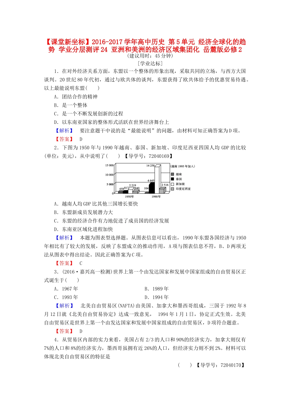 高中历史 第5单元 经济全球化的趋势 学业分层测评24 亚洲和美洲的经济区域集团化 岳麓版必修2-岳麓版高一必修2历史试题_第1页
