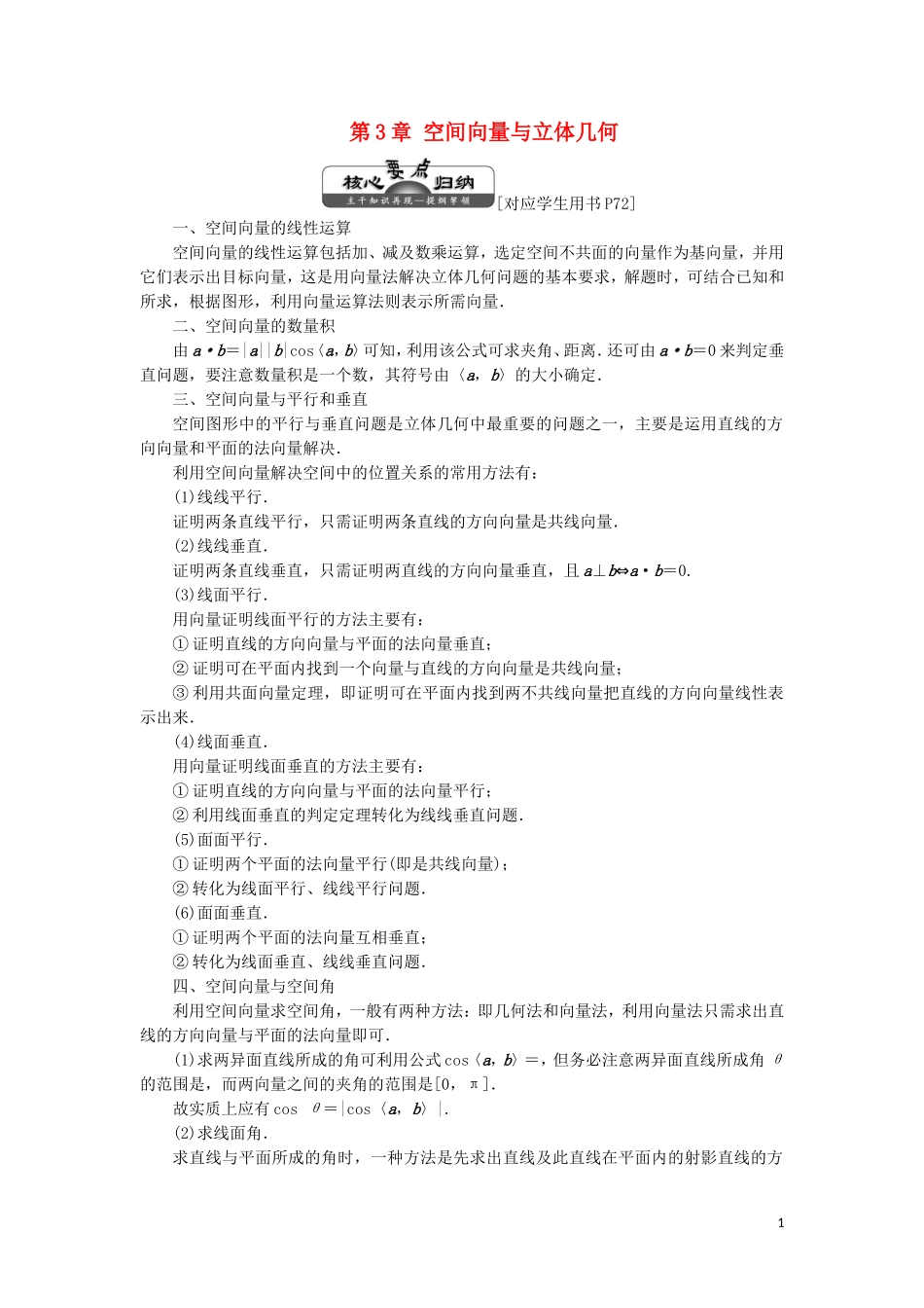 高中数学 第1部分 第3章 空间向量与立体几何 章末小结 知识整合与阶段检测（含解析）苏教版选修2-1-苏教版高二选修2-1数学试题_第1页