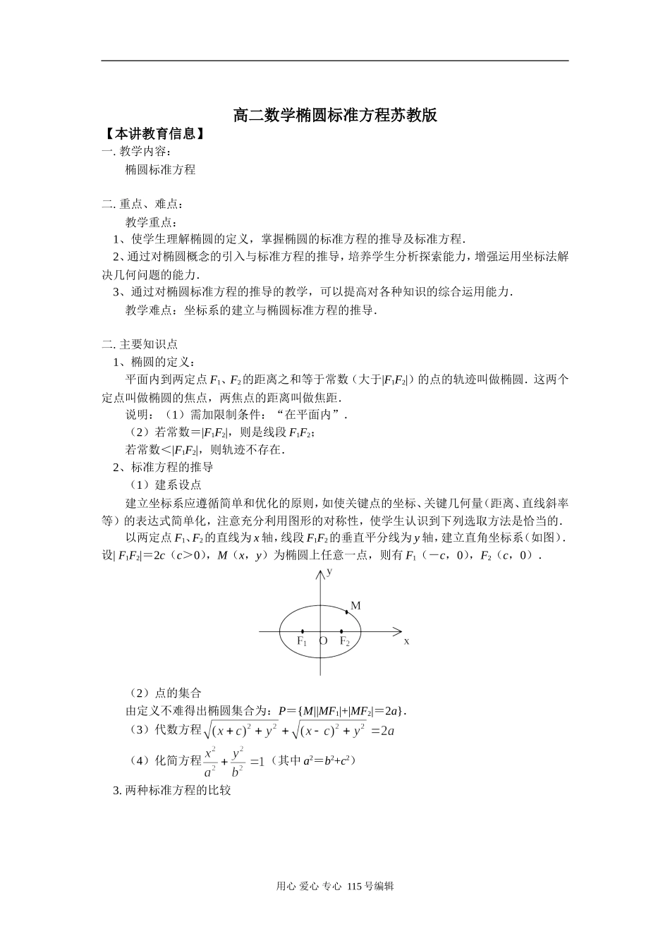 高二数学椭圆标准方程苏教版知识精讲_第1页