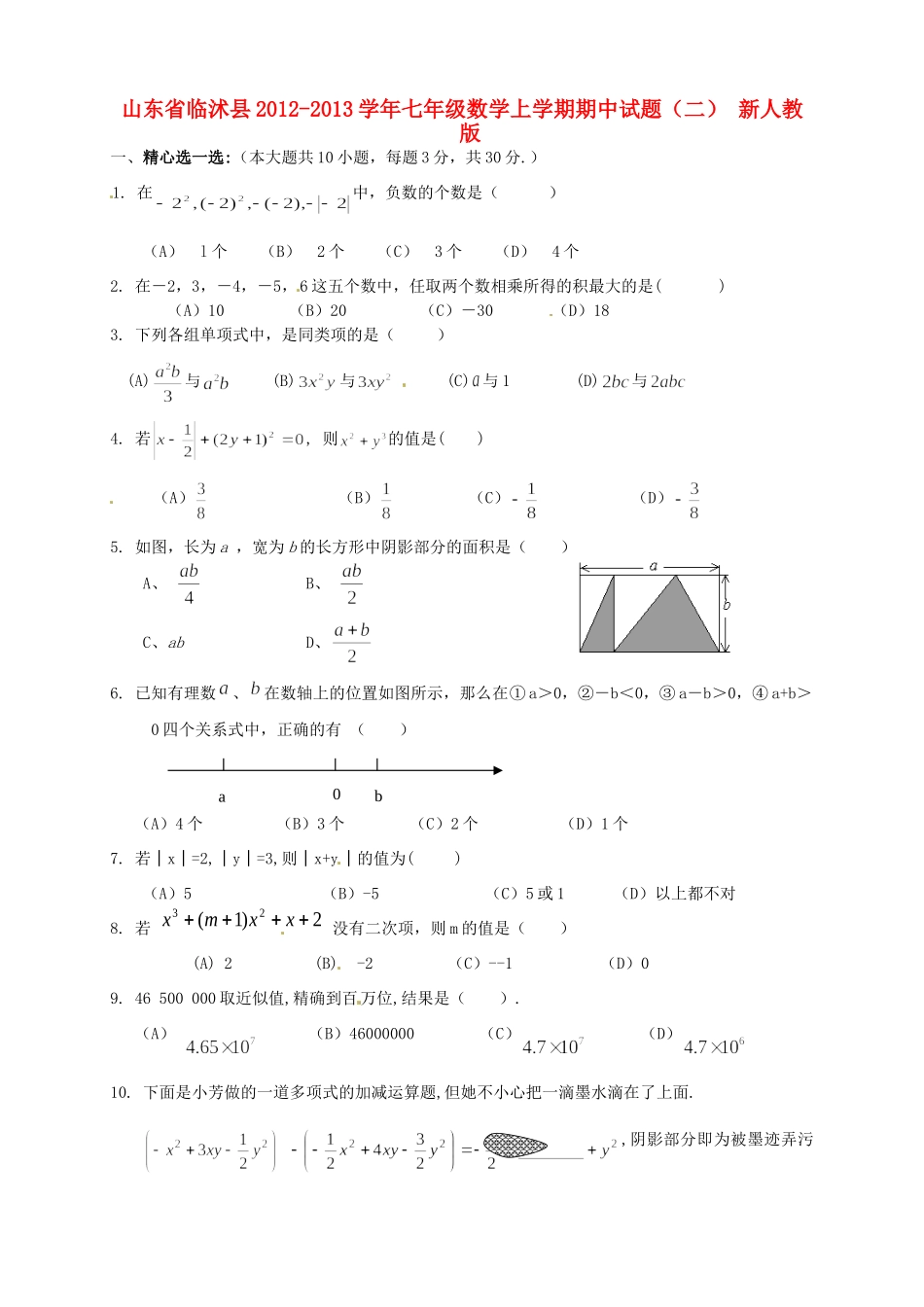 山东省临沭县七年级数学上学期期中试卷 新人教版试卷_第1页