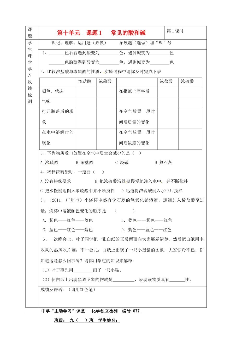 九年级化学下册 10第十单元 课题1 常见的酸和碱独立检测 新人教版试卷_第1页