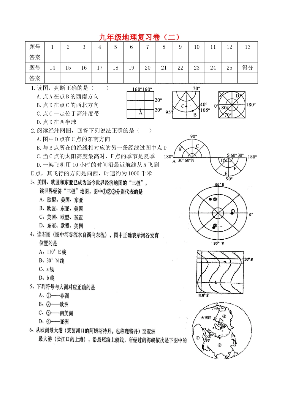 九年级地理复习卷(二)(扫描版，无答案) 新人教版试卷_第1页