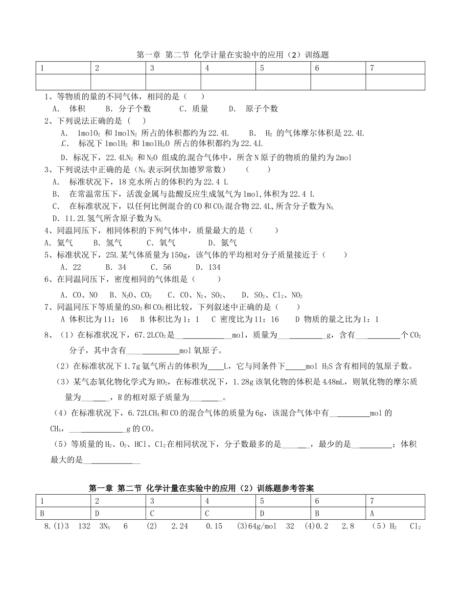 高中化学 1.2化学计量在实验中的应用强化训练（2）新人教版必修1-新人教版高一必修1化学试题_第1页