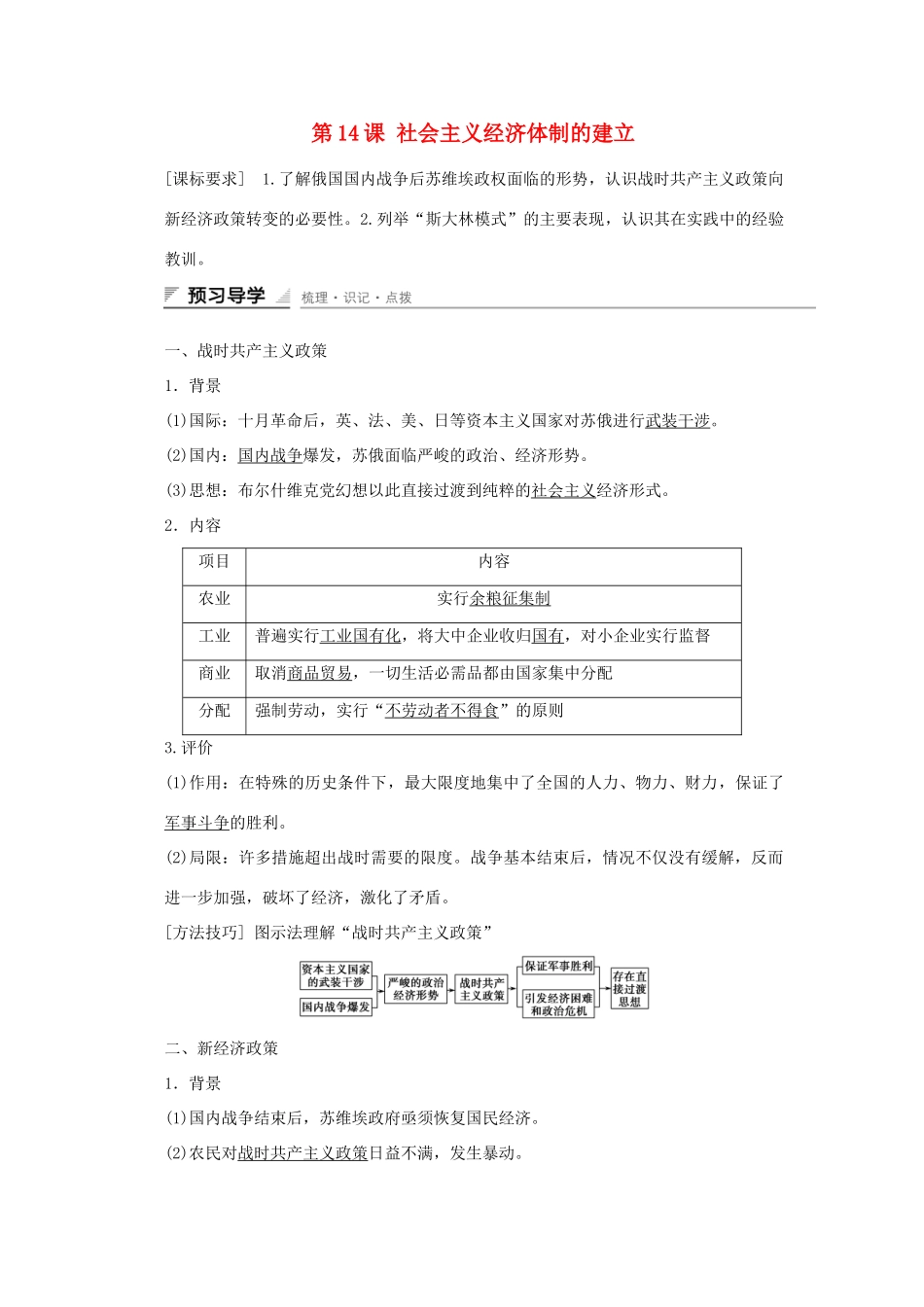 高中历史 第三单元 各国经济体制的创新和调整 第14课 社会主义经济体制的建立课时作业 岳麓版必修2-岳麓版高一必修2历史试题_第1页