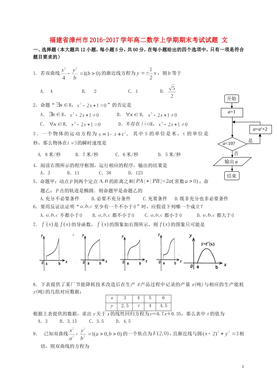 福建省漳州市高二数学上学期期末考试试题 文-人教版高二全册数学试题_第1页