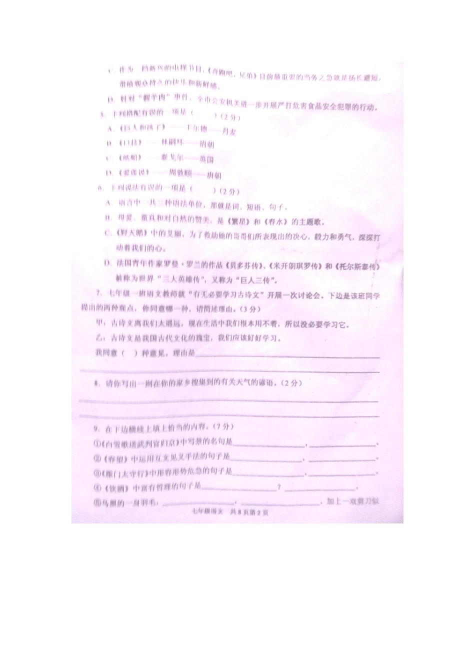 四川省简阳市七年级语文下学期期末考试试卷 新人教版试卷_第2页