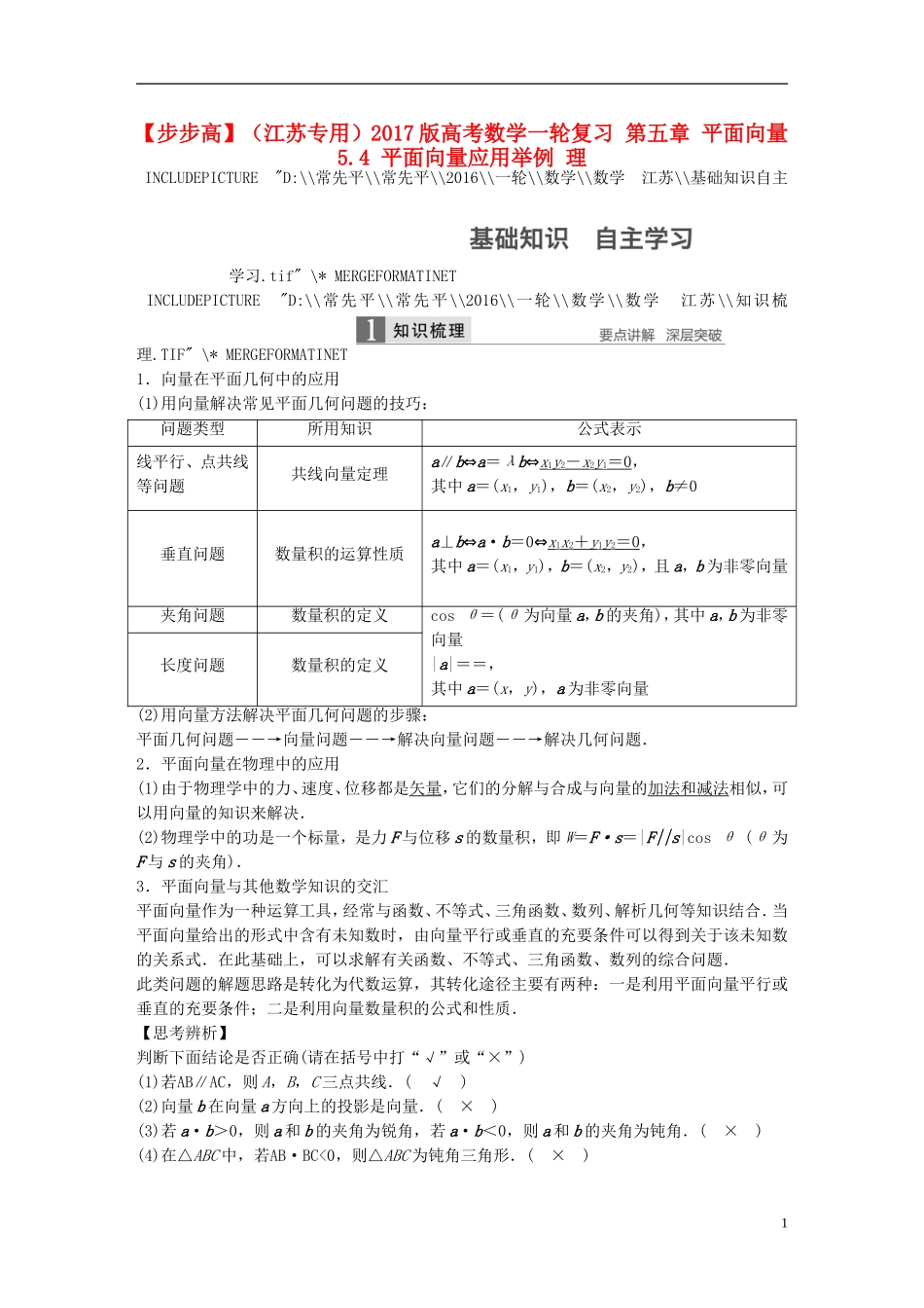 （江苏专用）高考数学一轮复习 第五章 平面向量 5.4 平面向量应用举例 理-人教版高三全册数学试题_第1页
