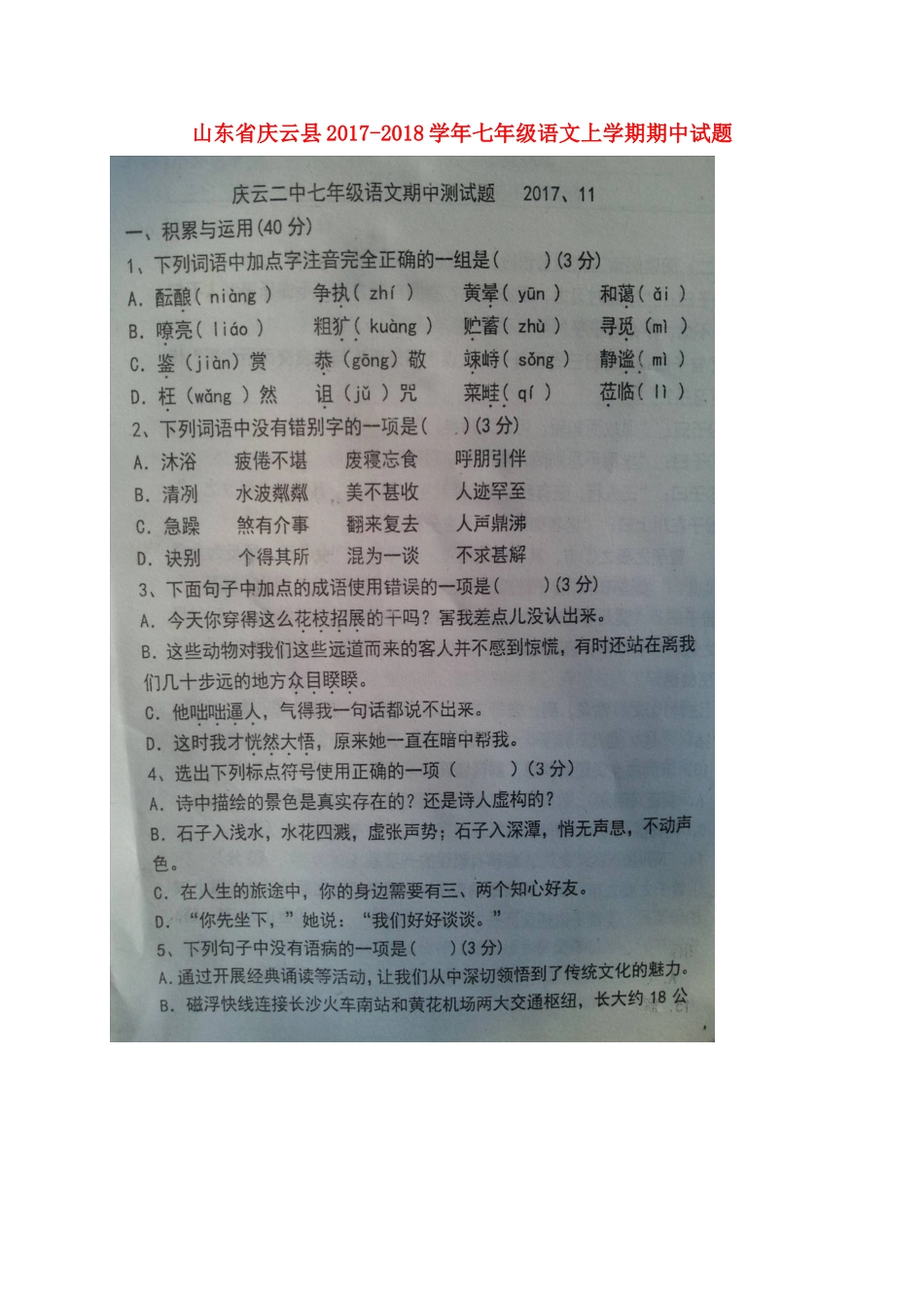 山东省庆云县七年级语文上学期期中试卷新人教版试卷_第1页
