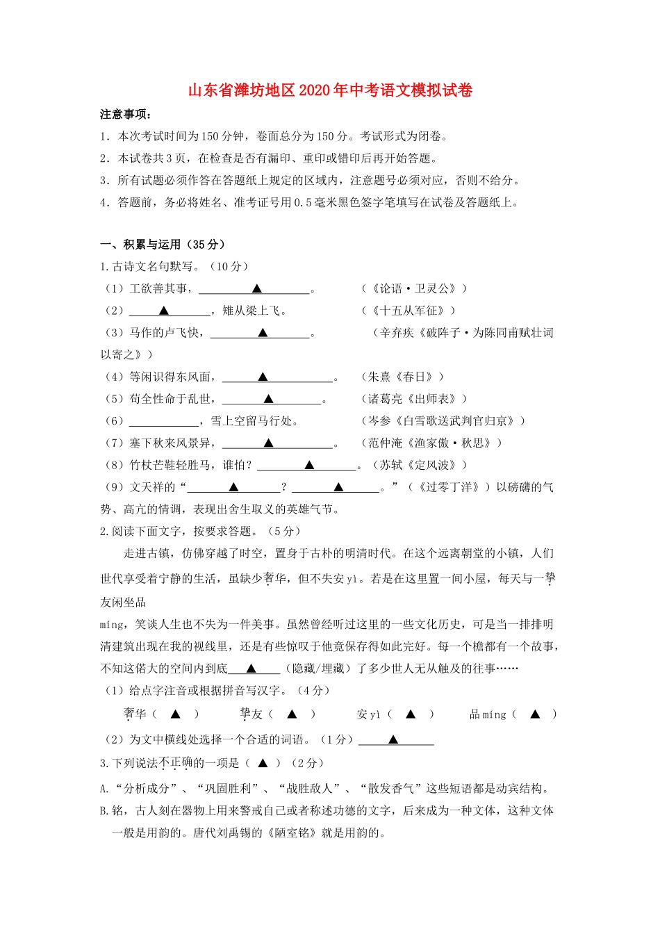 山东省潍坊地区中考语文模拟试卷试卷_第1页