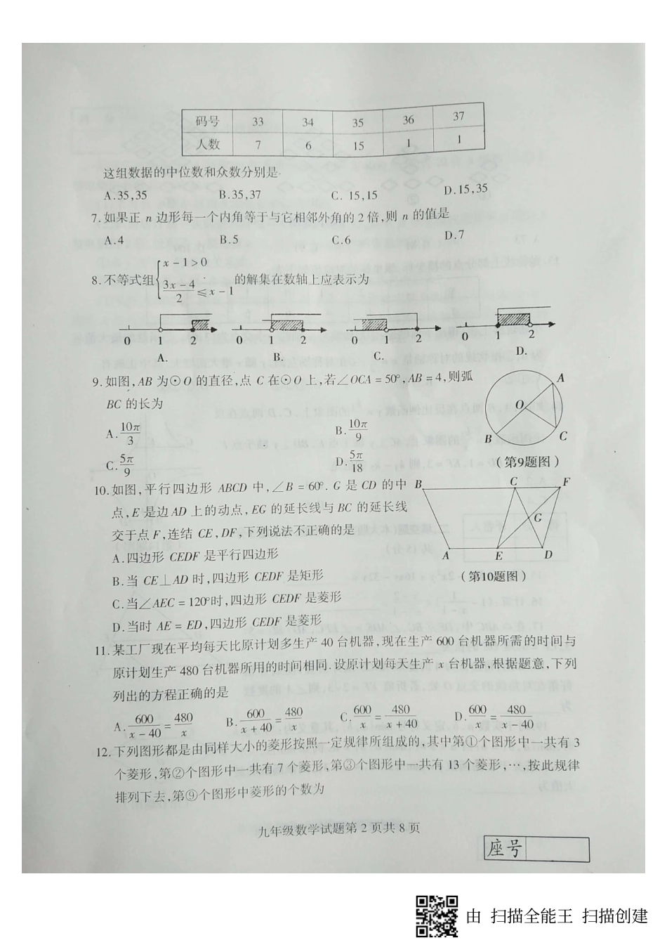 九年级数学下学期期中试卷(一模)(pdf) 山东省临沂市费县九年级数学下学期期中试卷(一模)(pdf)_第2页