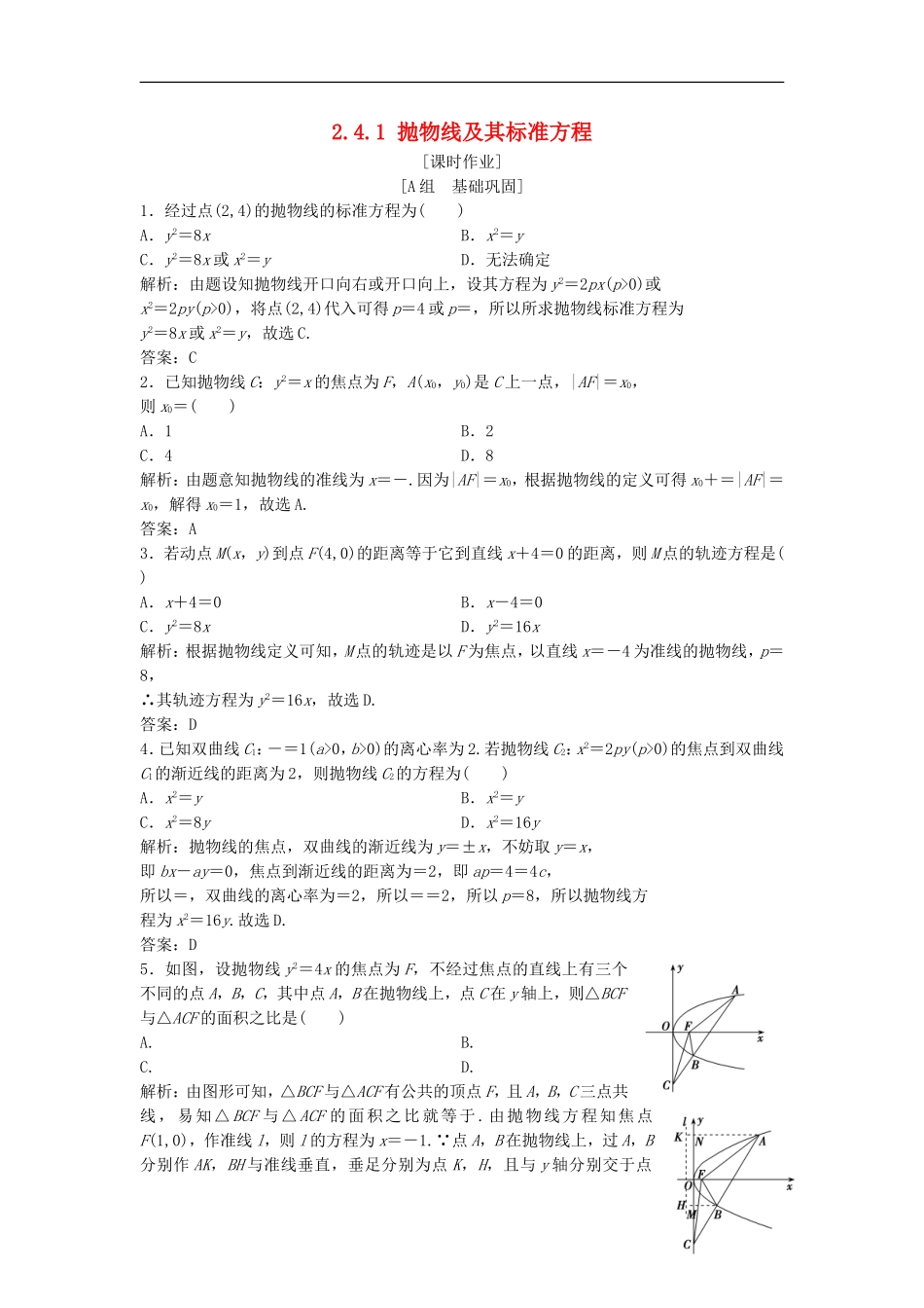 高中数学 第二章 圆锥曲线与方程 2.4 抛物线 2.4.1 抛物线及其标准方程优化练习 新人教A版选修2-1-新人教A版高二选修2-1数学试题_第1页