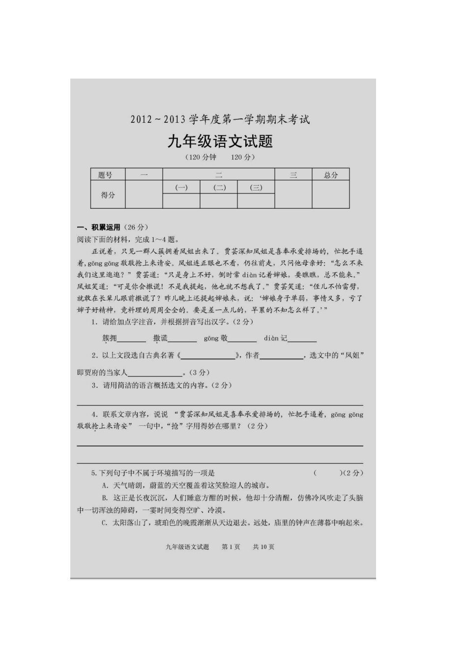山东省滕州市九年级语文上学期期末考试试卷新人教版试卷_第2页