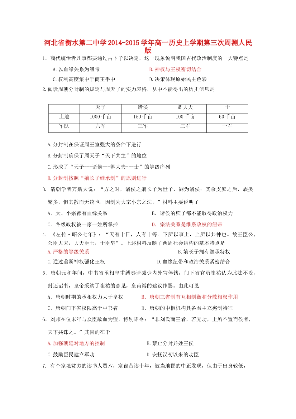 高一历史上学期第三次周测人民版-人民版高一全册历史试题_第1页