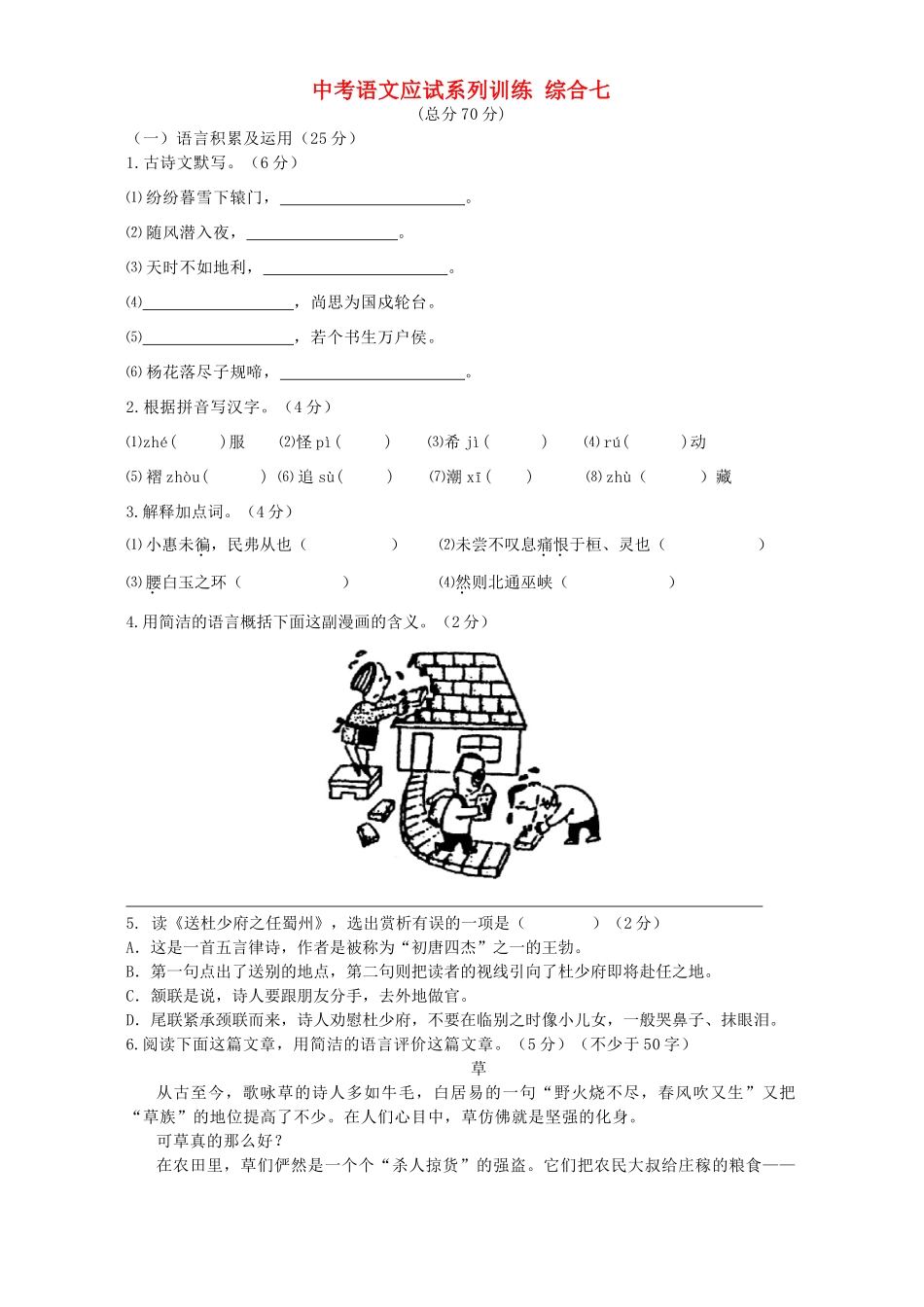 中考语文应试系列训练 综合七试卷_第1页