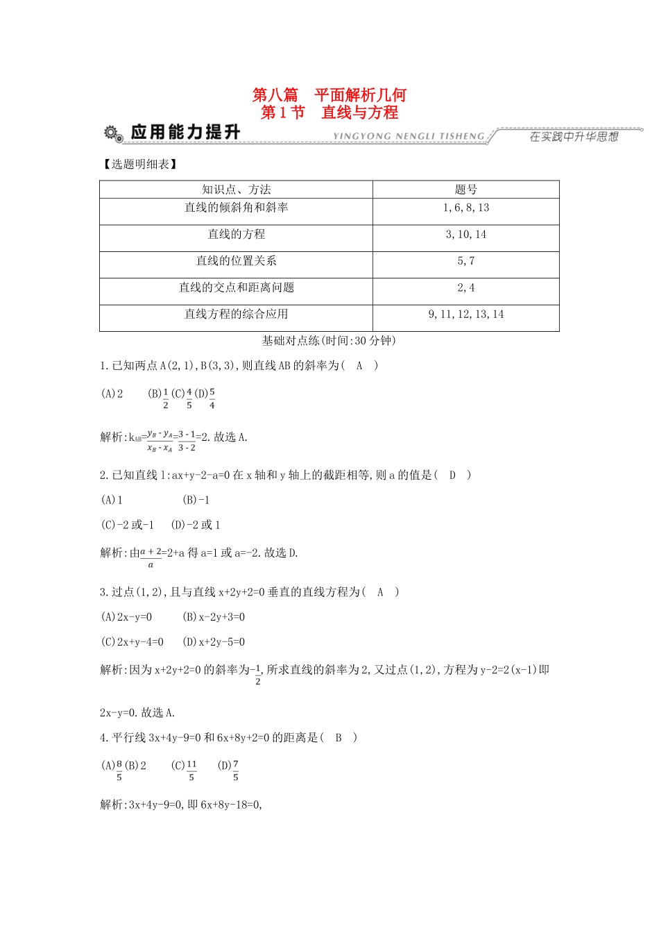 （全国通用）高考数学大一轮复习 第八篇 平面解析几何 第1节 直线与方程习题 理-人教版高三全册数学试题_第1页