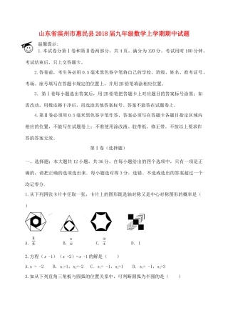 山东省滨州市惠民县九年级数学上学期期中试卷