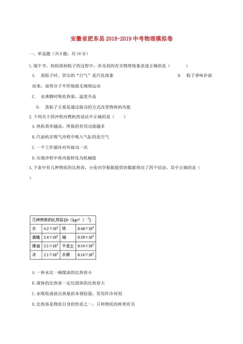 安徽省肥东县 中考物理模拟卷试卷_第1页