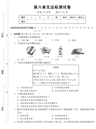 九年级化学全册 第十单元 化学与健康达标测试卷(pdf)(新版)鲁教版试卷