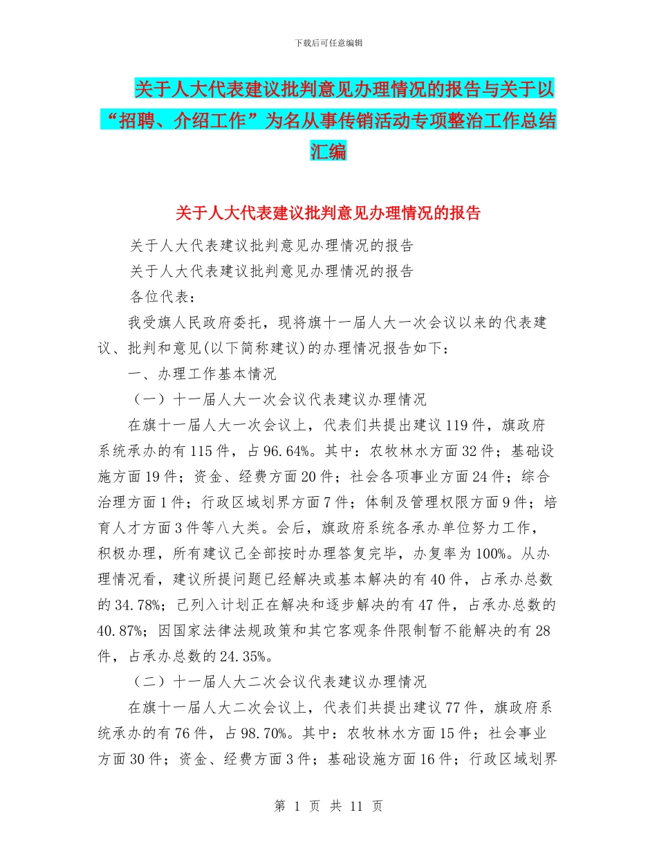 关于人大代表建议批评意见办理情况的报告与关于以“招聘、介绍工作”为名从事传销活动专项整治工作总结汇编_第1页