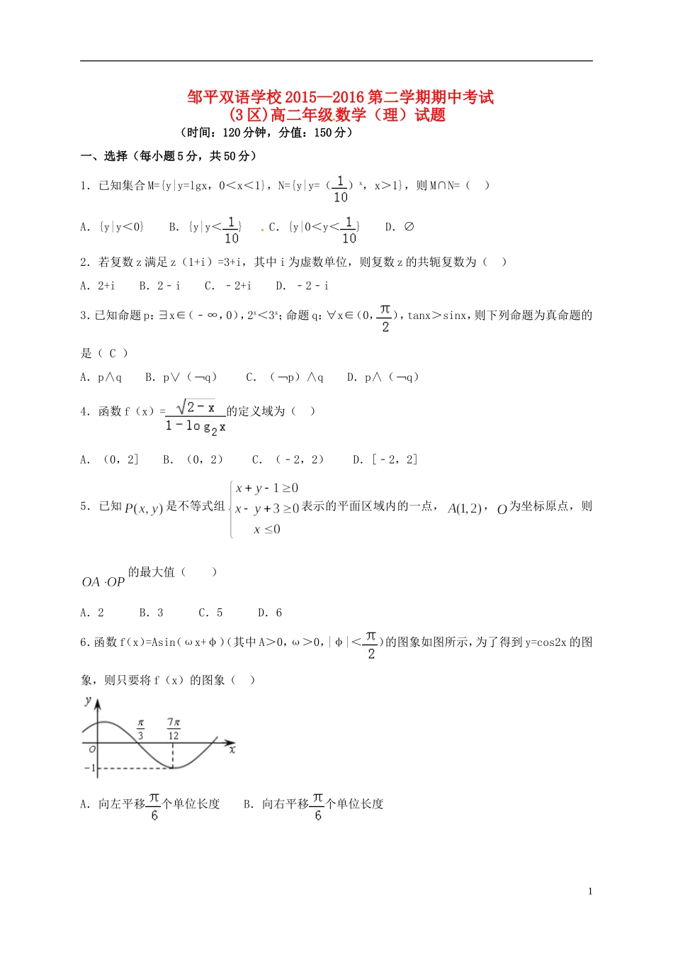 高二数学下学期期中试题 理（三区）-人教版高二全册数学试题_第1页