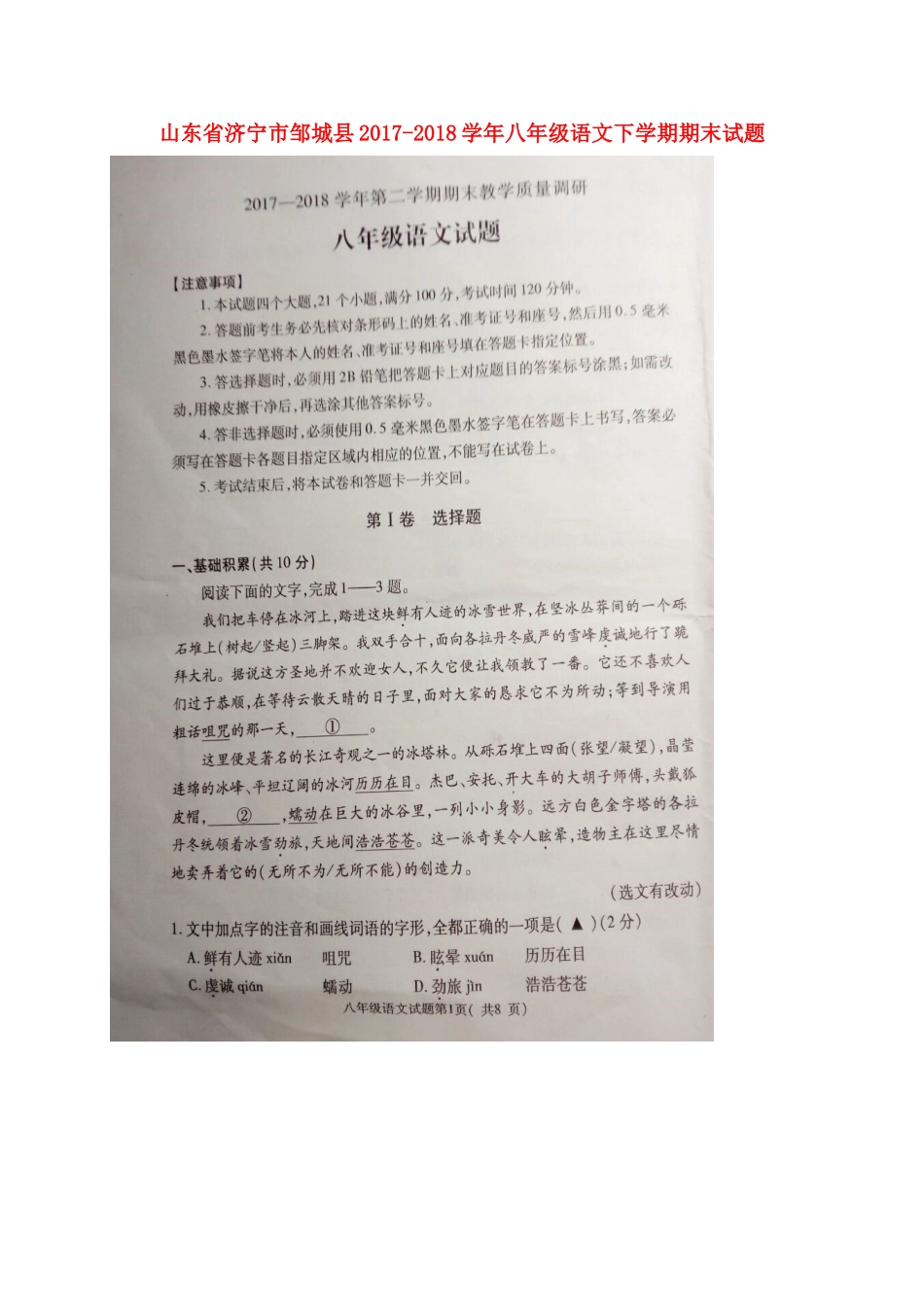 山东省济宁市邹城县 八年级语文下学期期末试卷新人教版试卷_第1页