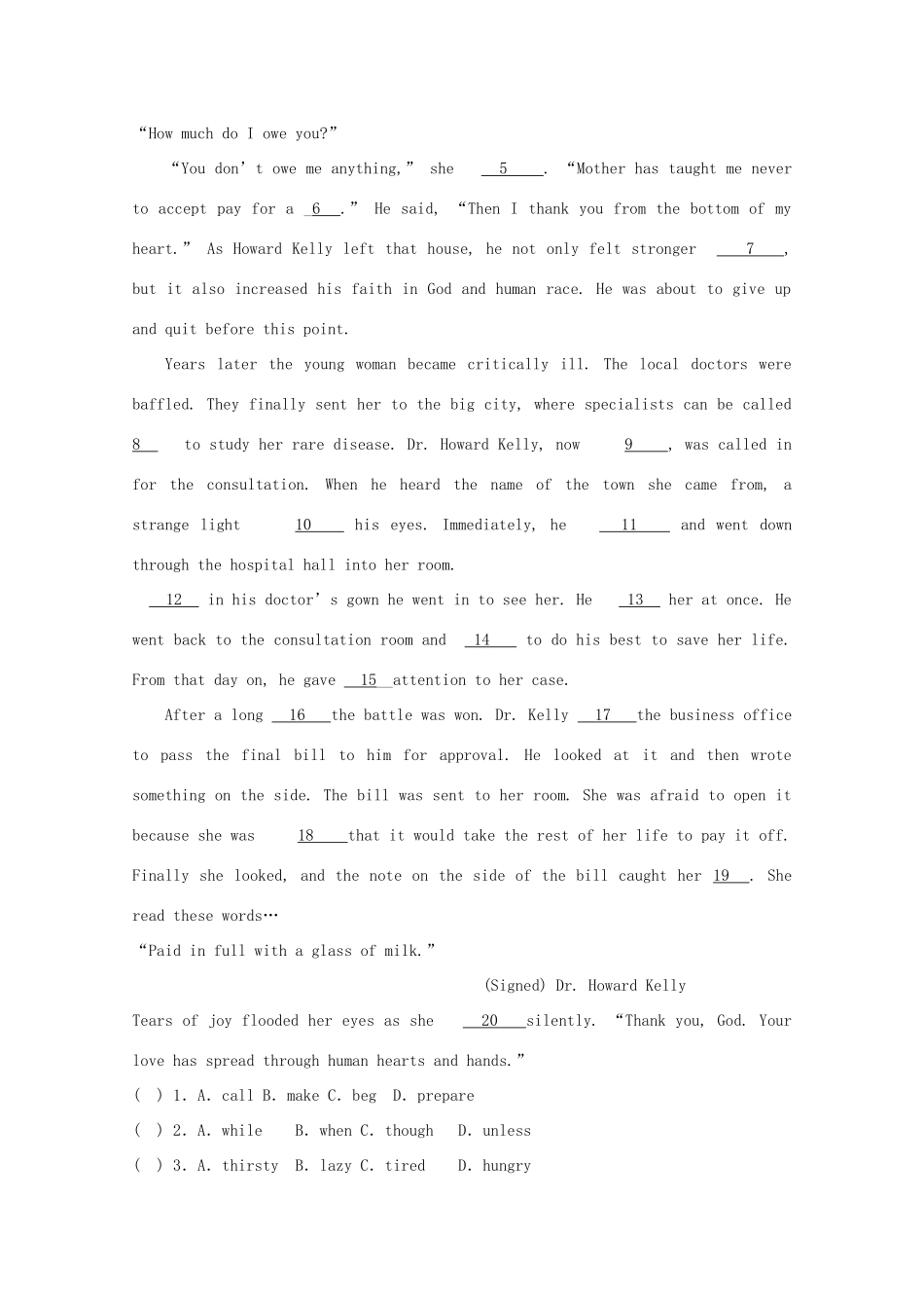 山东省莱西市高考英语二轮复习 完形填空能力测练(5)试卷_第3页