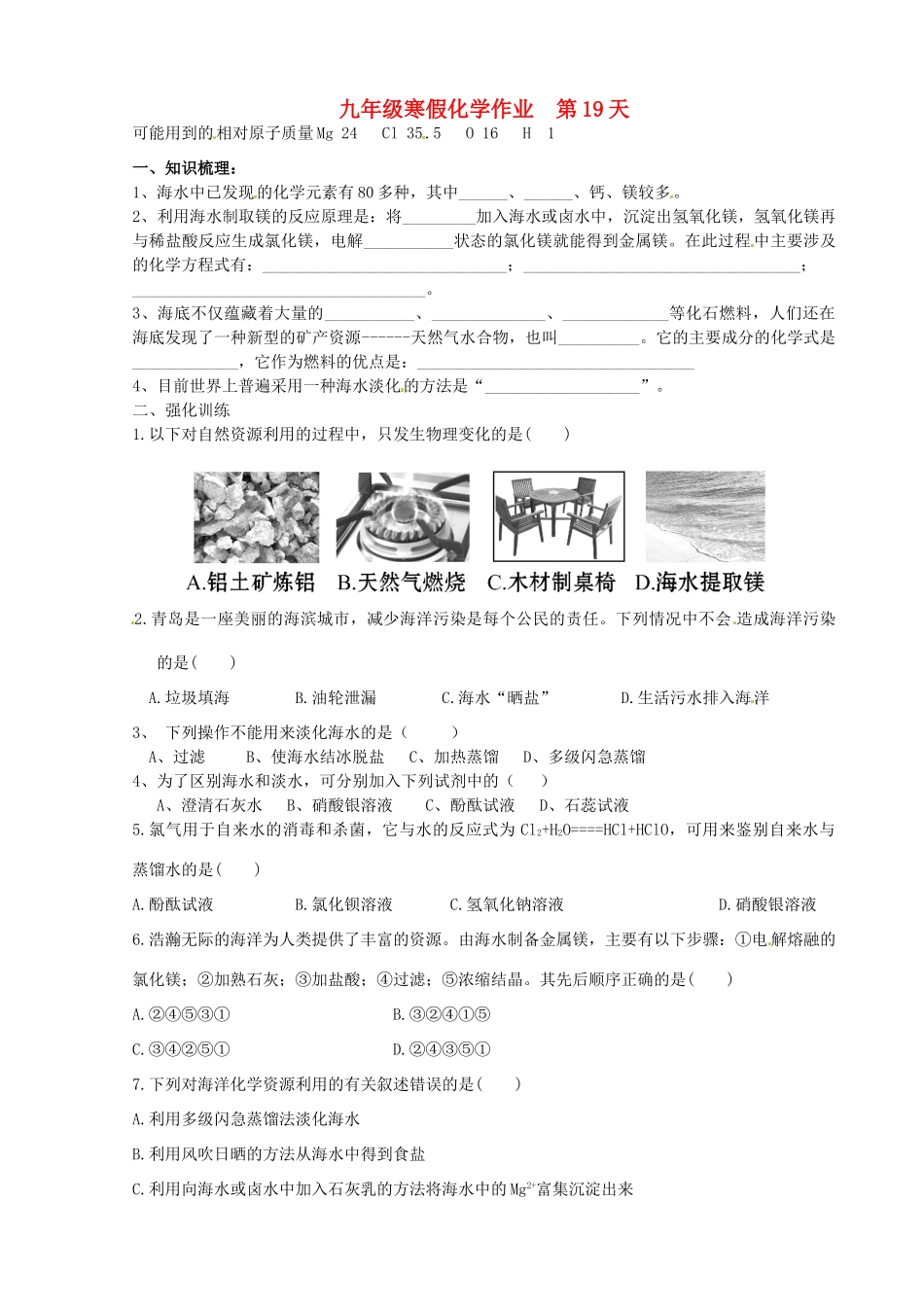 九年级化学上学期寒假作业 第19天 鲁教版试卷_第1页