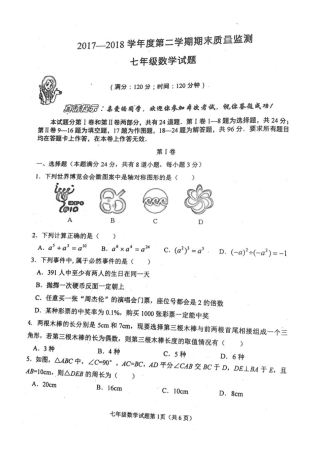 山东省青岛市市南区七年级数学下学期期末学业水平检测试卷(pdf) 北师大版试卷