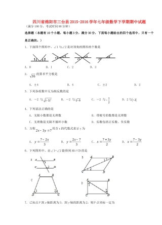 四川省绵阳市三台县七年级数学下学期期中试卷 新人教版