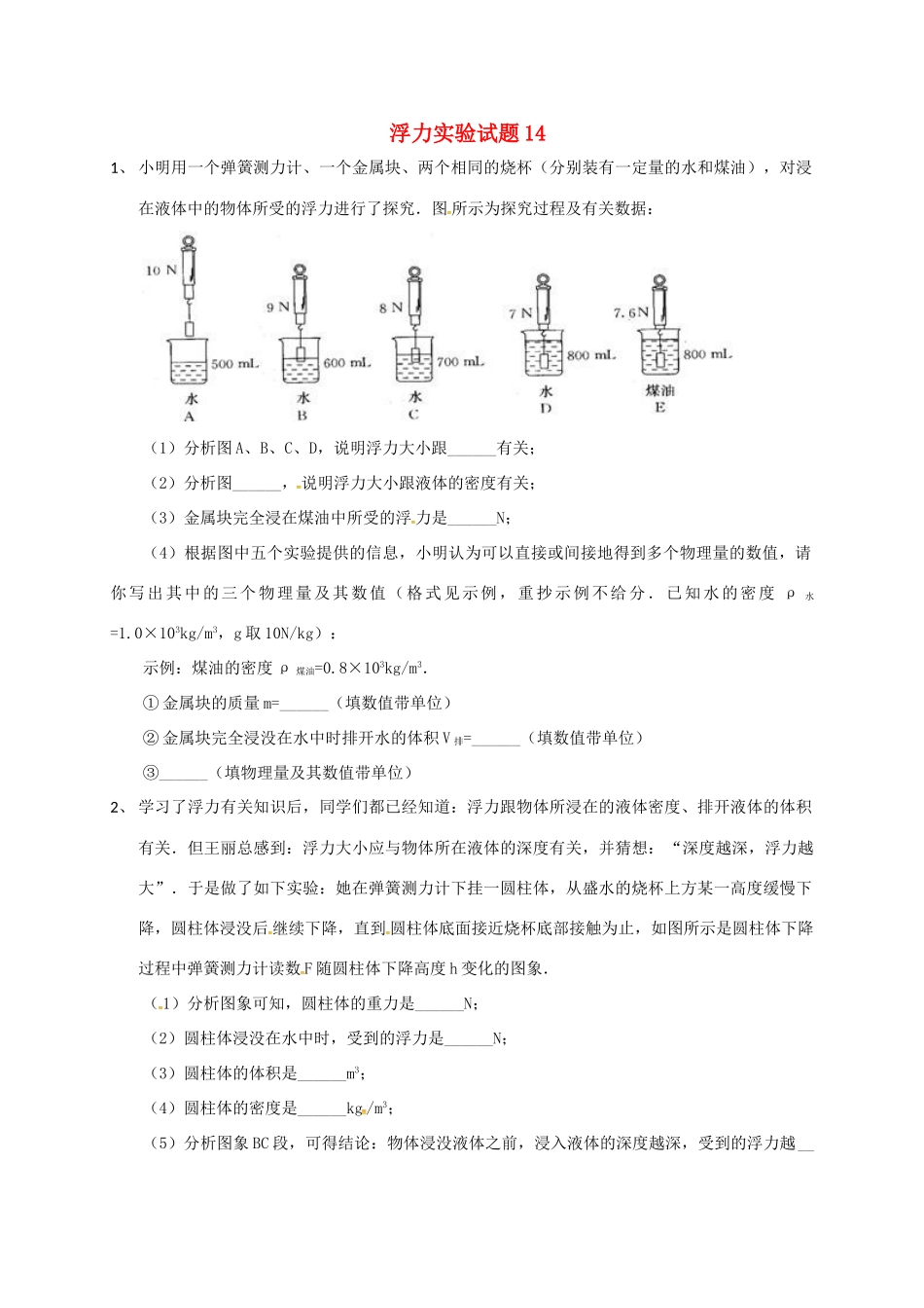 吉林省吉林市中考物理总复习 浮力实验试卷14 新人教版试卷_第1页