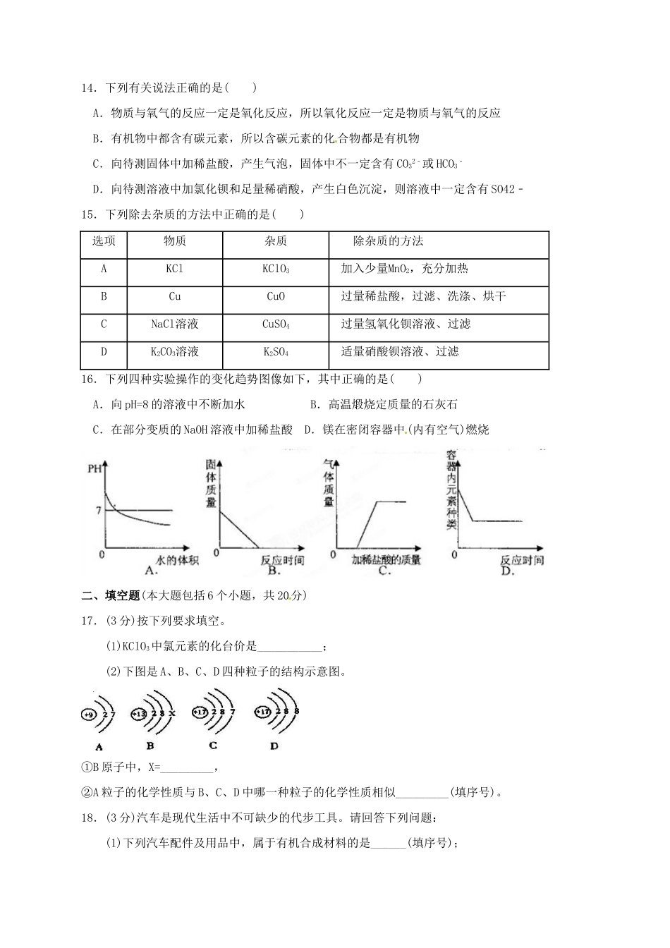 九年级化学下学期最后一次模拟考试卷试卷_第3页