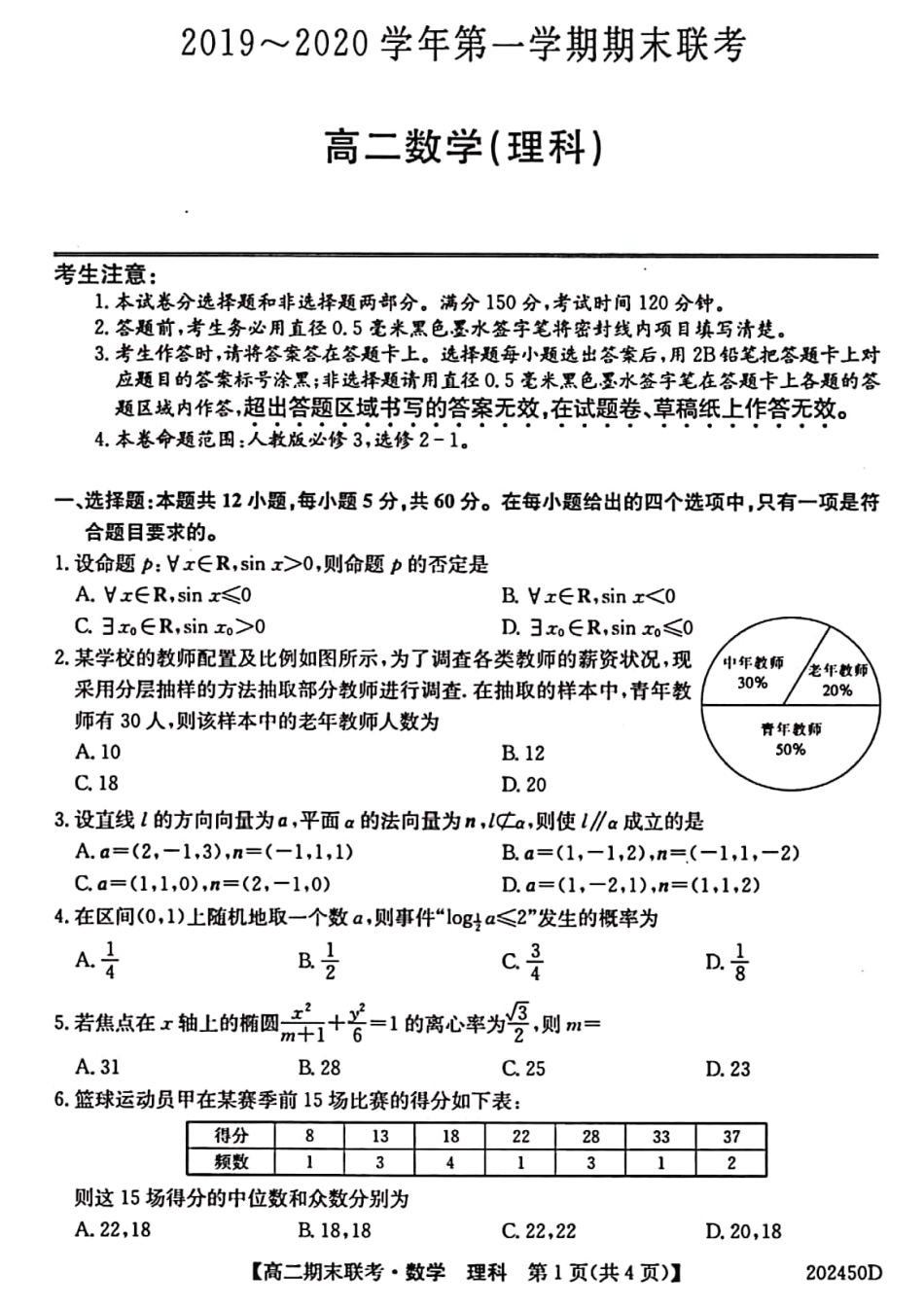 安徽省滁州市九校 高二数学上学期期末联考试卷 理(PDF)试卷_第1页