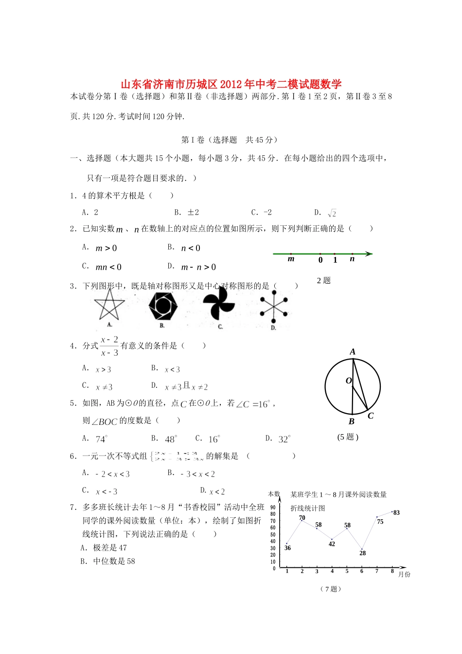 山东省济南市历城区中考数学二模试卷 人教新课标版试卷_第1页