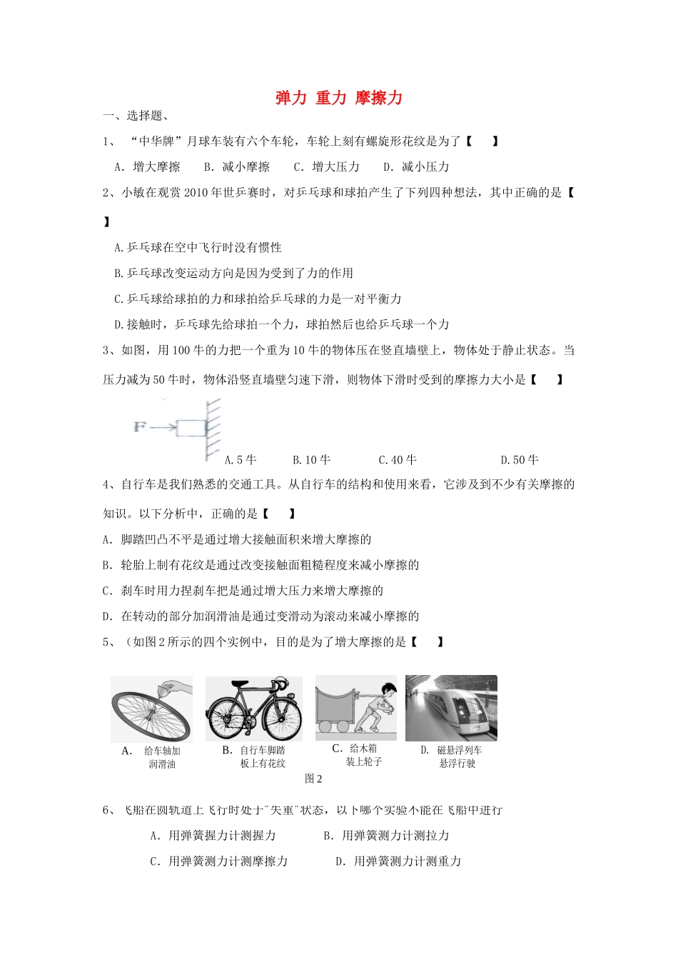中考物理专题训练 弹力 重力 摩擦力试卷_第1页