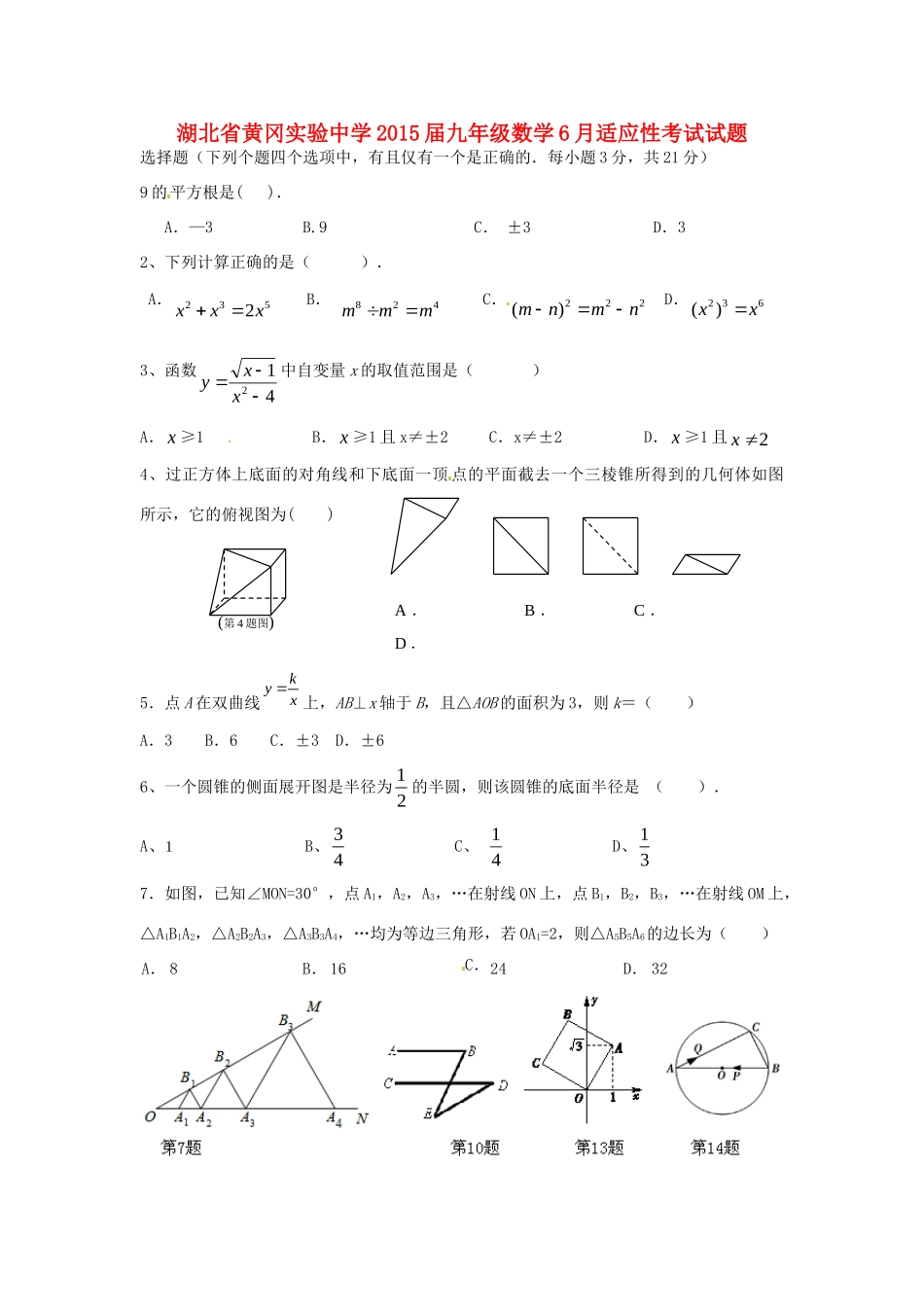 九年级数学6月适应性考试试卷试卷_第1页