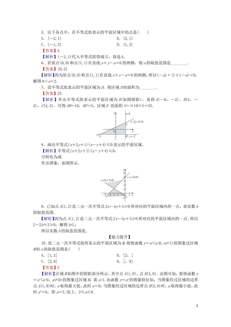 高中数学 第三章 不等式 3.3.1 二元一次不等式（组）与平面区域限时规范训练 新人教A版必修5-新人教A版高二必修5数学试题_第2页