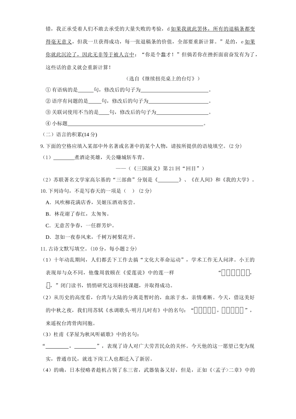 九年级初三语文升学模拟考试 人教版试卷_第3页