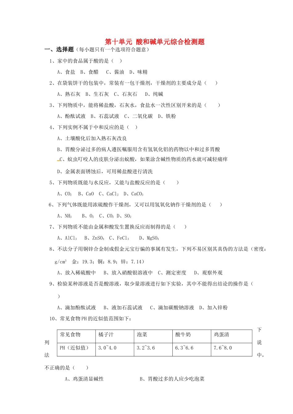九年级化学下册 第十单元 酸和碱单元综合检测题 新人教版试卷_第1页