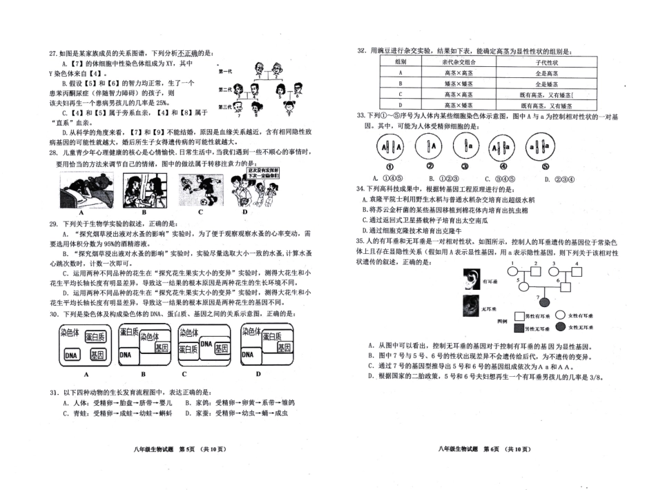 山东省青岛市黄岛区 八年级生物上学期期末考试试卷(pdf，无答案)新人教版试卷_第3页