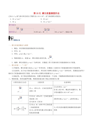 高中化学 第10天 摩尔质量暑假作业 新人教版必修1-新人教版高一必修1化学试题