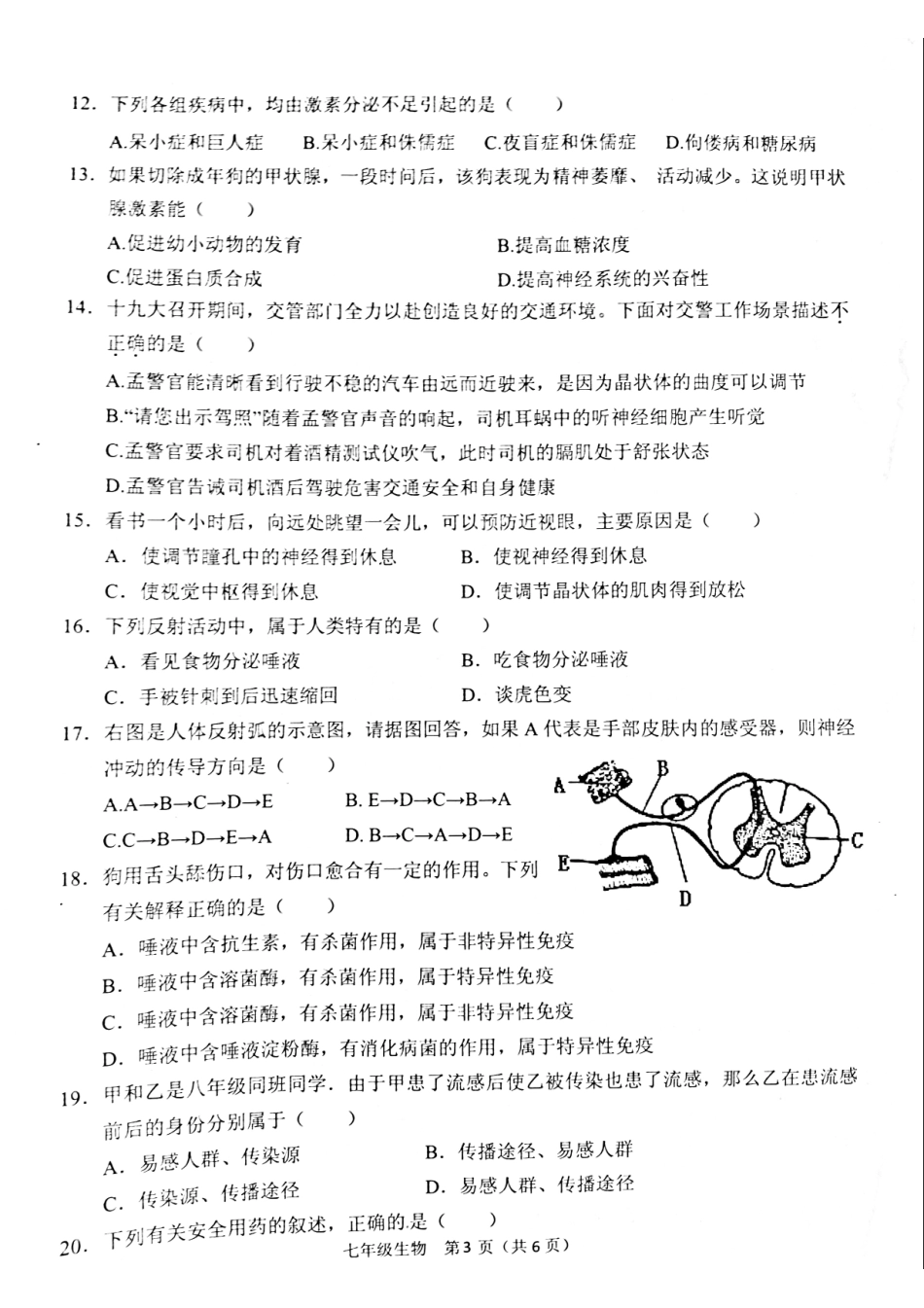 山东省菏泽市七年级生物下学期期末试卷(pdf) 济南版试卷_第3页