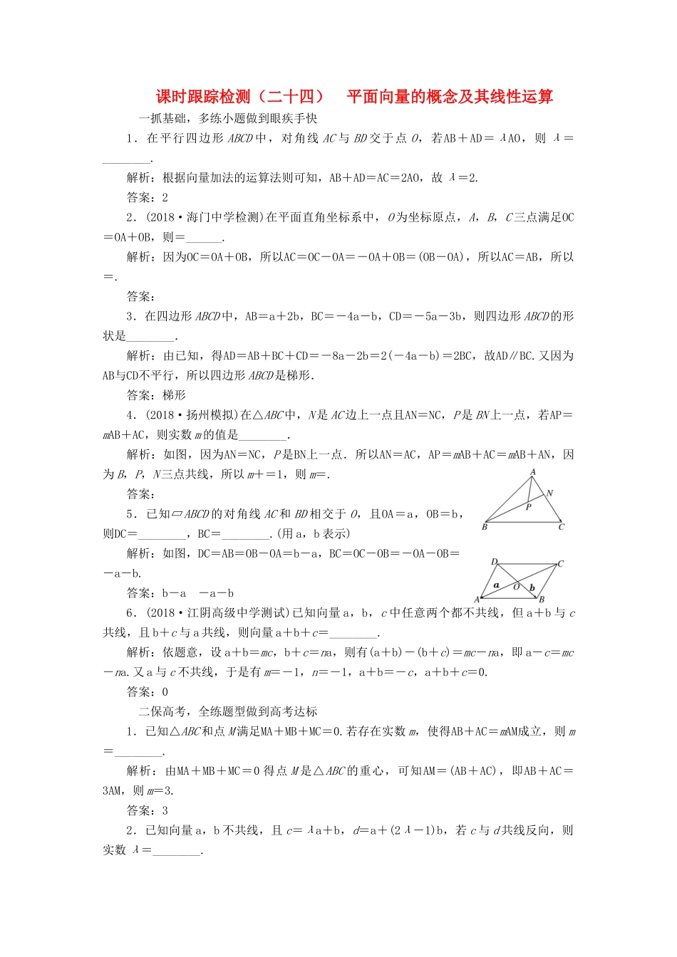 （江苏专版）高考数学一轮复习 第五章 平面向量 课时跟踪检测（二十四）平面向量的概念及其线性运算 文-人教版高三全册数学试题_第1页