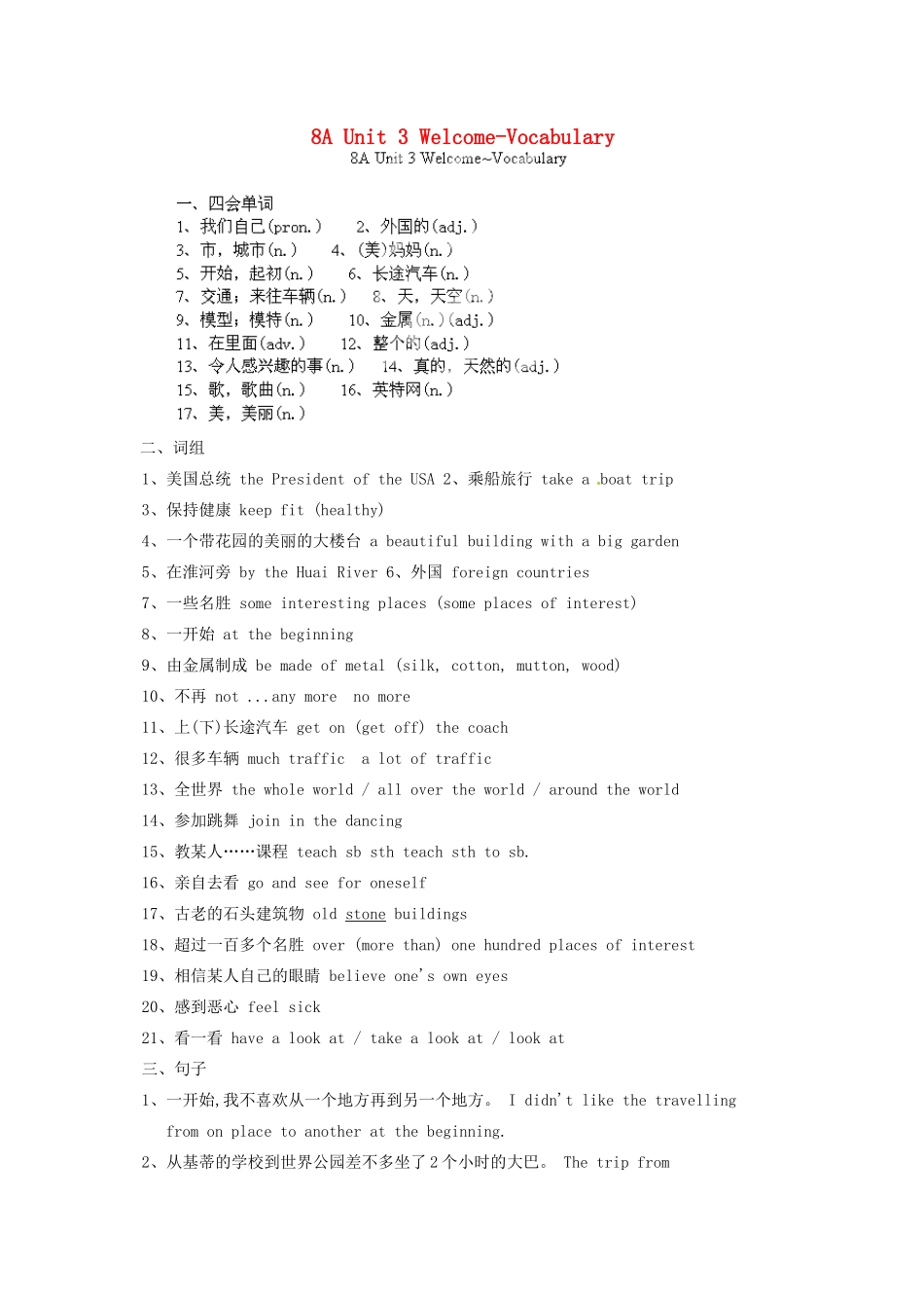 中考英语总复习 8A Unit 3 Welcome-Vocabulary试卷_第1页