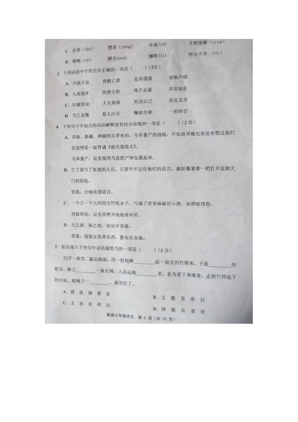 天津市蓟县七年级语文下学期期中试卷_第2页