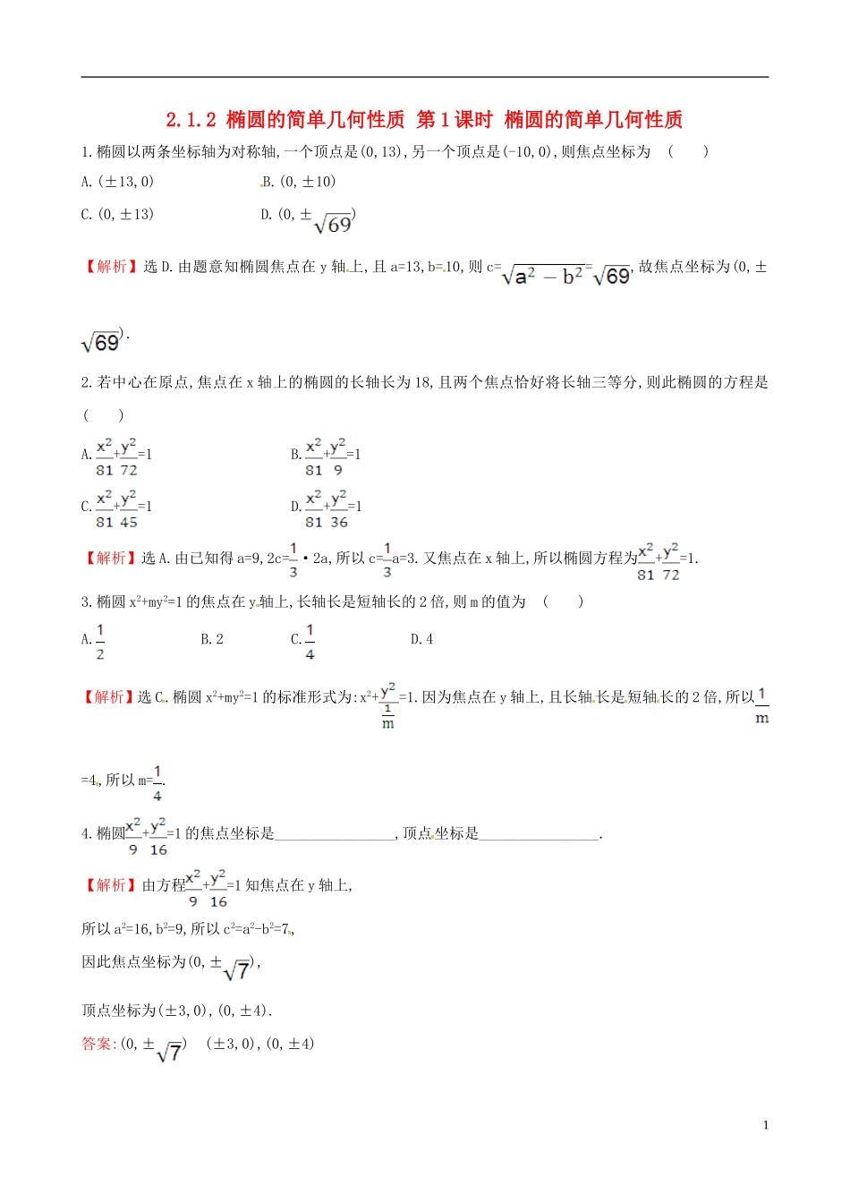 高中数学 第二章 圆锥曲线与方程 2.1.2 椭圆的简单几何性质 第1课时 椭圆的简单几何性质当堂达标 新人教A版选修1-1-新人教A版高二选修1-1数学试题_第1页