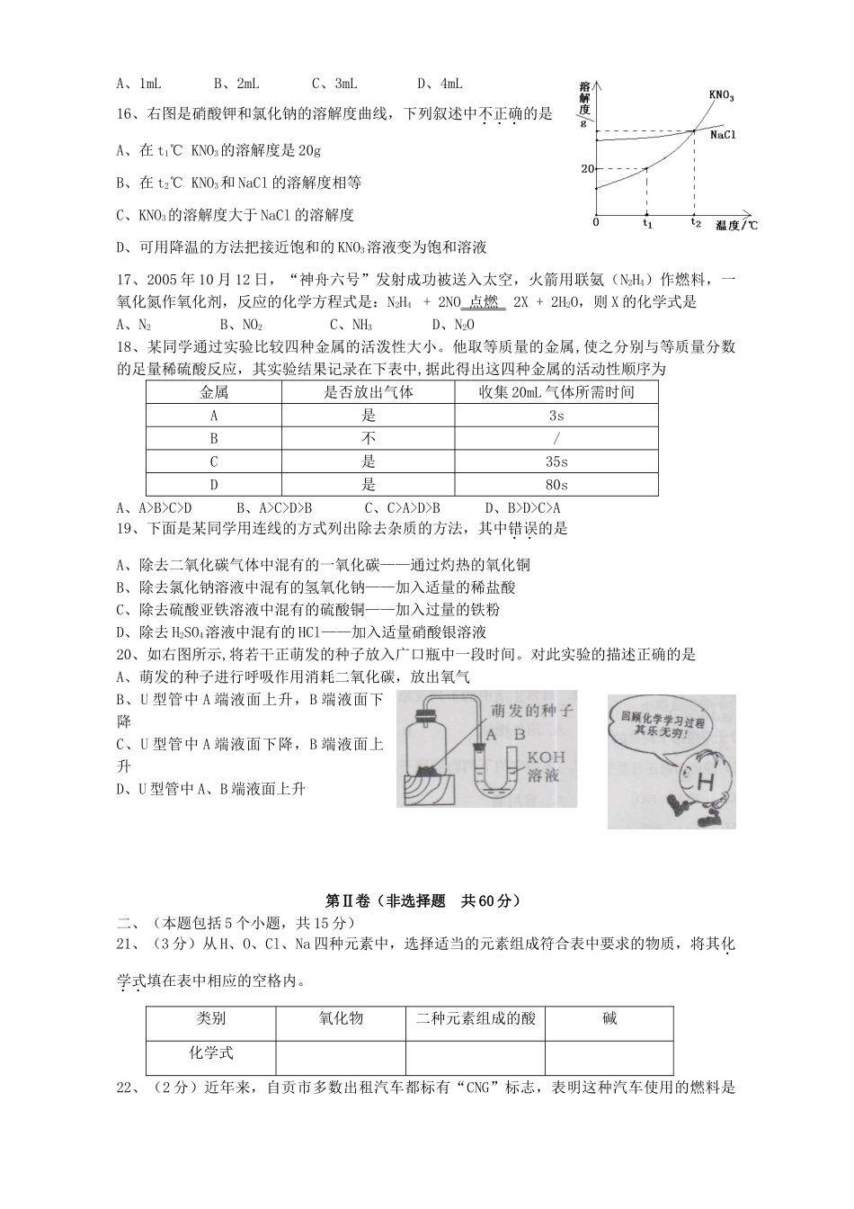 初中毕业生学业考试化学卷课程改革实验区 新课标 人教版 试题_第3页