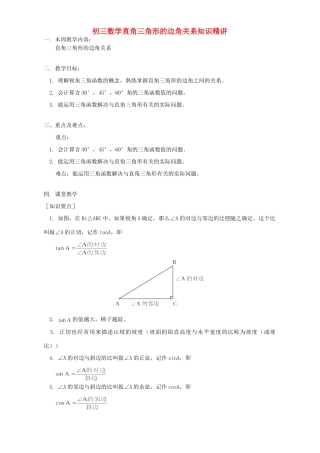 初三数学直角三角形的边角关系知识精讲 北师大版 试题