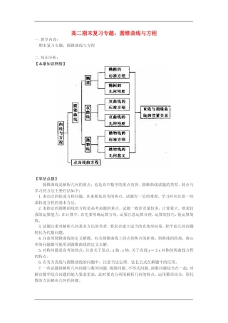 高二数学期末复习专题：圆锥曲线与方程苏教版选修1-1