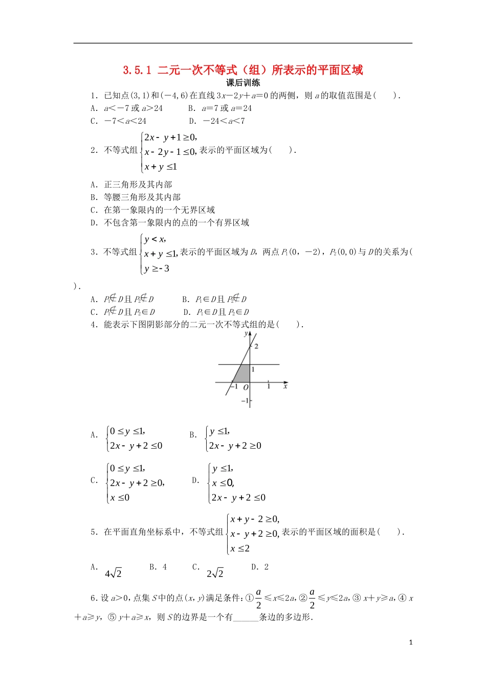 高中数学 第三章 不等式 3.5.1 二元一次不等式（组）所表示的平面区域课后训练 新人教B版必修5-新人教B版高二必修5数学试题_第1页