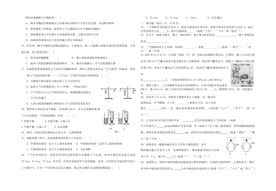 山东省临沂市临沭县中考物理 专题复习三(压强和浮力)学情调研试卷_第2页